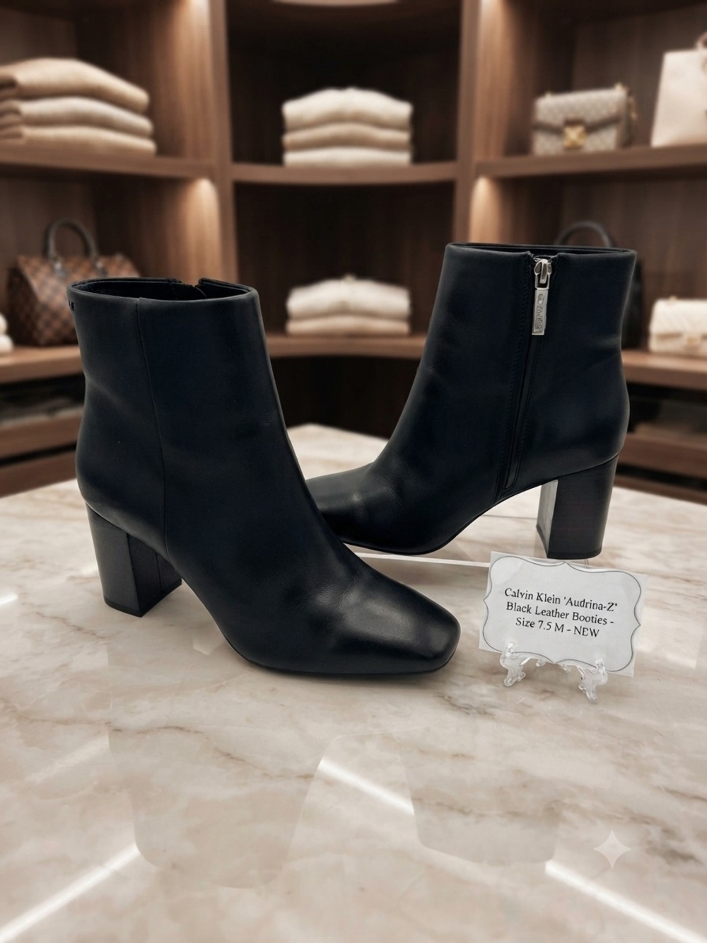 Calvin Klein Women's Black Leather "Audrina-Z" Block Heel Ankle Boots Size 7.5 M